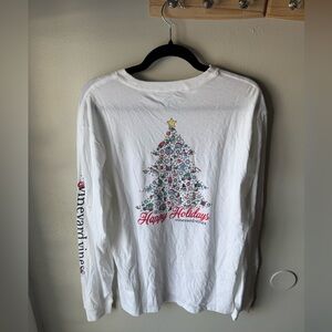 Vineyard Vines Christmas Tree Whale Pocket Tee Long Sleeve White Medium